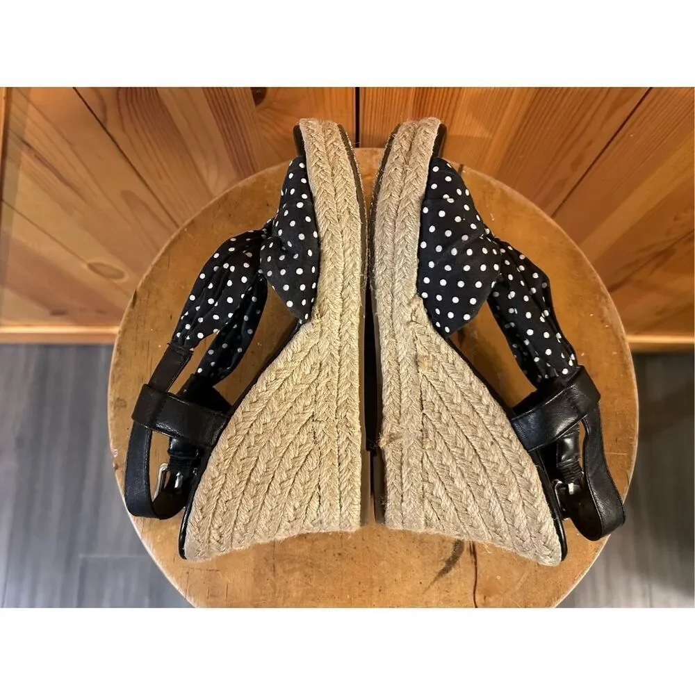 Laura Ashley KILBY Wedge Sandals Espadrilles Shoes black white dots SZ 7B